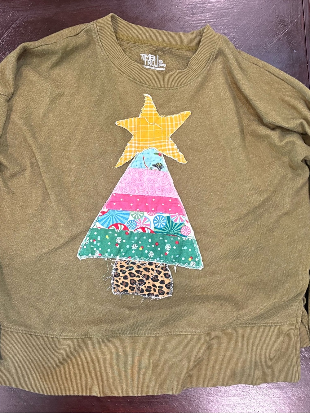 Time and Tru Olive Green Girls' Patchwork Tree Sweatshirt